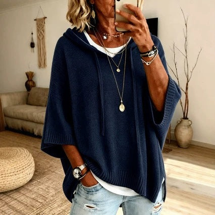 Damen nan Oversize Strickponcho mit Kapuze und kurzen Ärmeln Echo Archiv