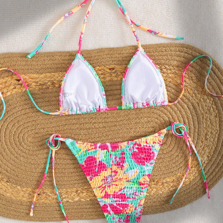 Damen Triangel-Bikini mit buntem Blumenmuster und verstellbarem Bindeband Echo Archiv