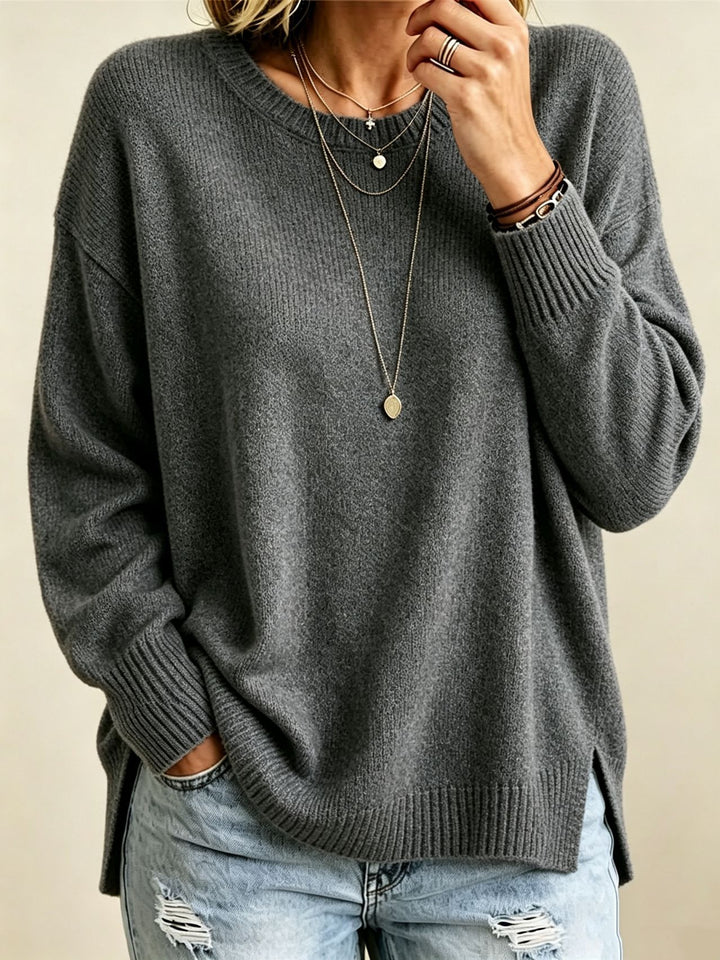 Damen Locker geschnittener Rundhals-Feinstrickpullover mit Seitenschlitzen und gerippten Bündchen – Mavelle