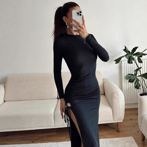 Damen elegantes, figurbetontes Kleid mit Raffungen und hohem Schlitz Echo Archiv
