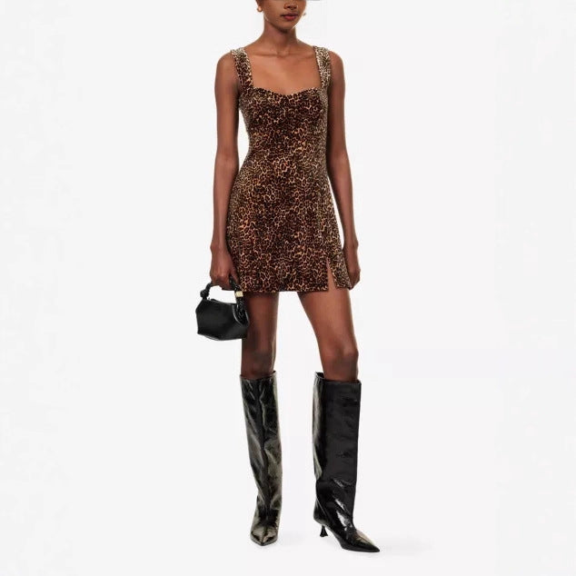 Damen figurbetontes Minikleid mit Leopardenmuster und eleganten Trägern Echo Archiv