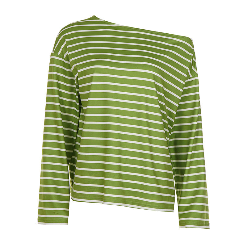 Damen Oversize-Langarmshirt mit breitem Ausschnitt, maritimem Streifen und relaxed Fit – Avérine