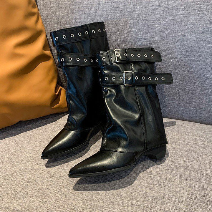 Damen Wadenhohe Wildleder-Slouch-Stiefel mit spitzer Zehenpartie und Zierschnallen – Lioré