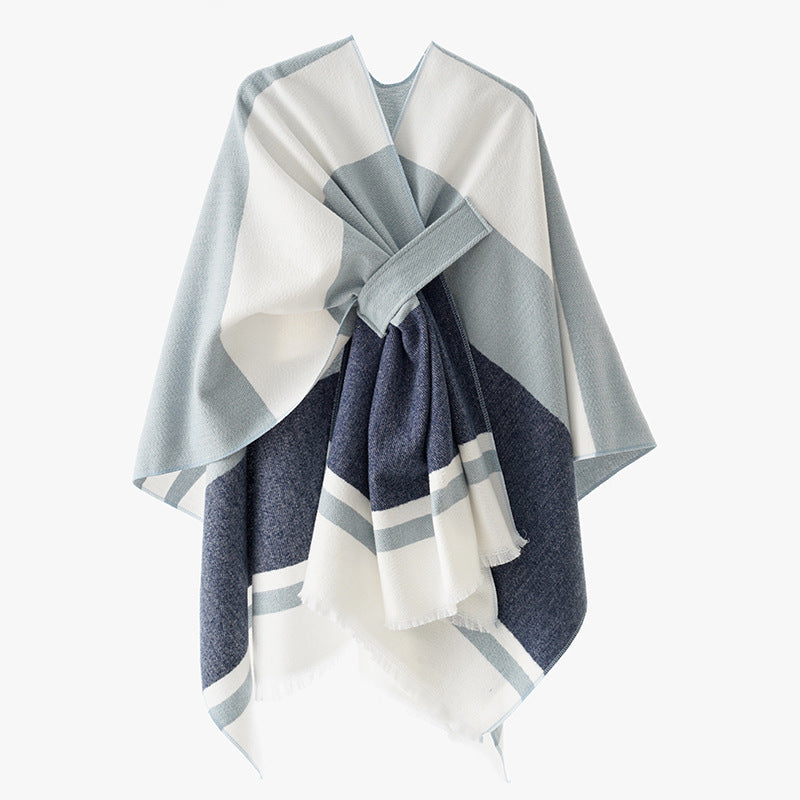 Damen Oversize-Capeponcho aus Wollmix mit Bindeschlaufe und Streifenbordüre Echo Archiv