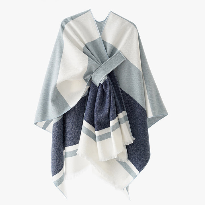 Damen Oversize-Capeponcho aus Wollmix mit Bindeschlaufe und Streifenbordüre Echo Archiv