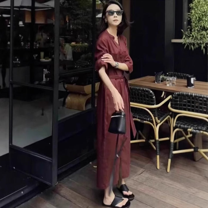 Damen Leichter Culotte-Jumpsuit mit Stehkragen, 3/4-Ärmeln und Taillengürtel – Solévia