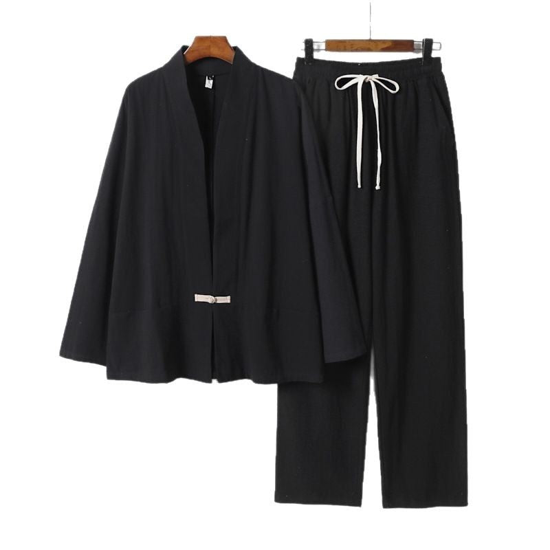 Herren Zen-inspiriertes Kimono-Loungewear-Set aus leichter Baumwollmischung mit offenem Schnitt und Kordelbundhose Echoarchiv