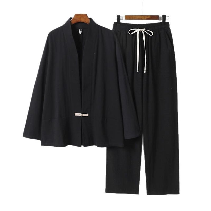 Herren Zen-inspiriertes Kimono-Loungewear-Set aus leichter Baumwollmischung mit offenem Schnitt und Kordelbundhose Echoarchiv