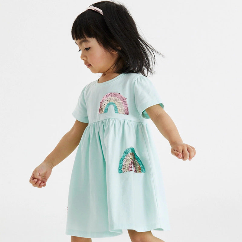 Mädchen Kurzarm-T-Shirt Kleid mit buntem Glitzer-Regenbogen Design Echo Archiv