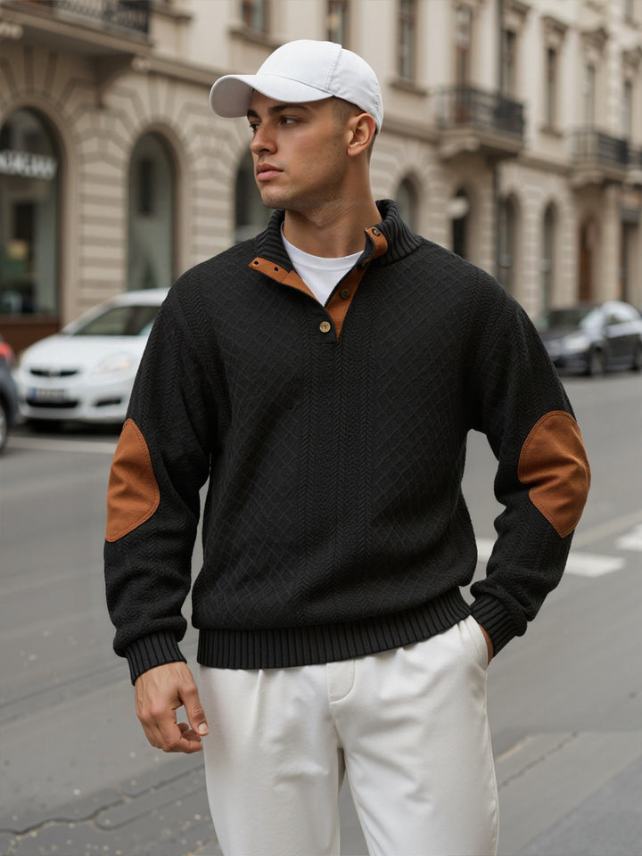 Herren Troyer-Pullover mit Stehkragen, strukturierter Strickoptik und Kontrast-Ellbogenpatches Echoarchiv