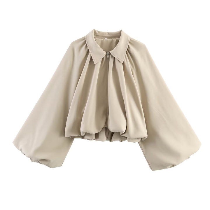 Damen Cropped-Blusenjacke mit Hemdkragen, geraffter Passe und weitem Volumenärmel Echoarchiv