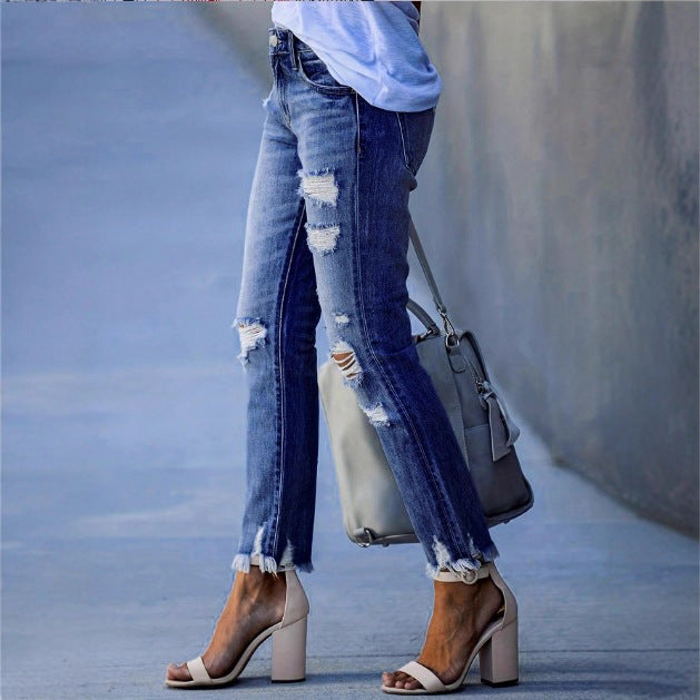 Damen knöchellange gerade geschnittene Destroyed-Jeans mit hoher Taille und ausgefranstem Saum Echo Archiv