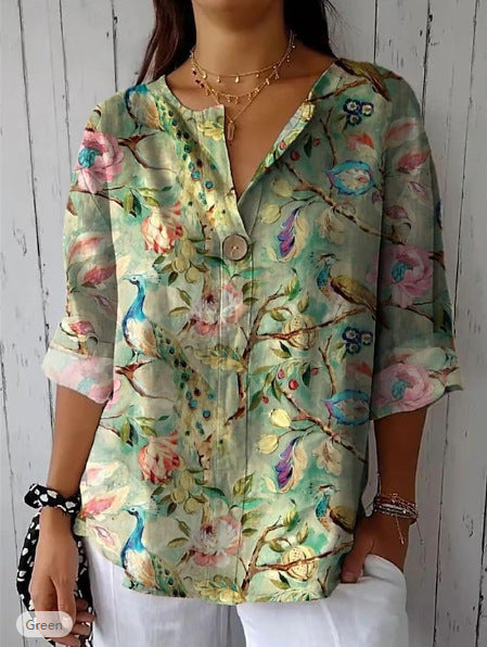 Damen Lose Blumenmuster Leinenlook Bluse Tunika mit V-Ausschnitt und Dreiviertelärmeln – Élovi