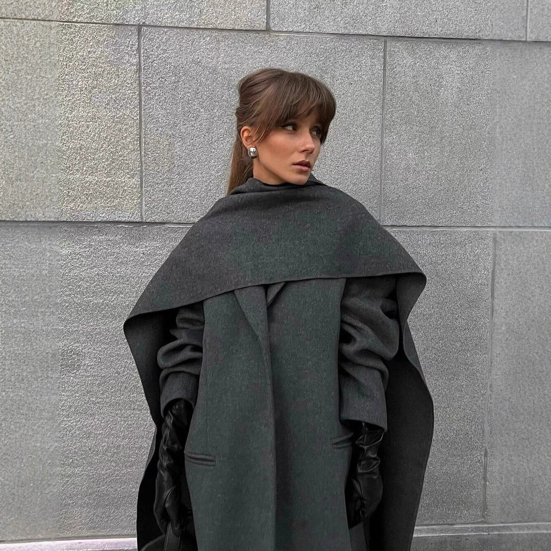 Damen Maxilanger Wollmix-Mantel mit integriertem Loop-Schal und cleanem Revers Echo Archiv