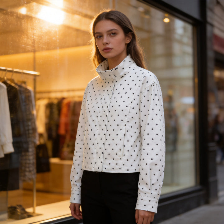 Damen Kurze gepunktete Jacke im Blousonstil mit Stehkragen und Ballonärmeln Echo Archiv
