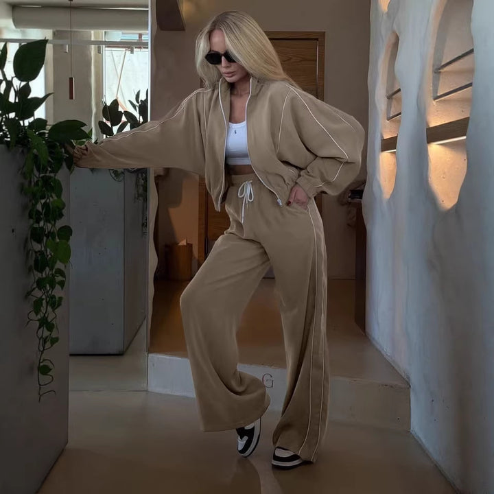 Damen kurzes Samt-Zip-Hoodie mit Tunnelzug und fließender Palazzo-Jogginghose – Auréline