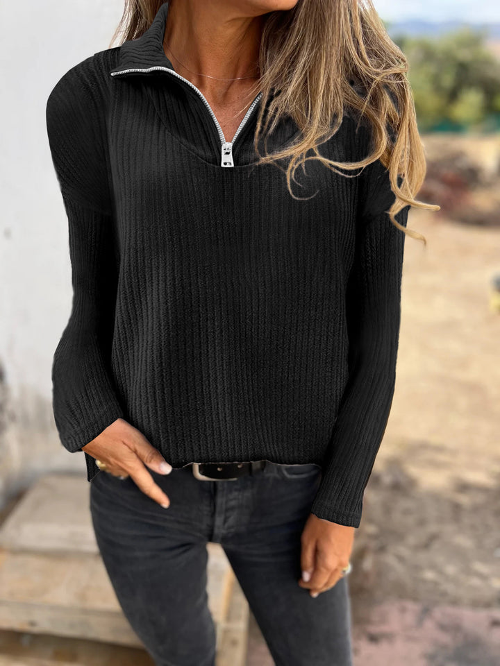 Damen Rippstrickpullover mit halbem Reißverschluss und Stehkragen Echoarchiv