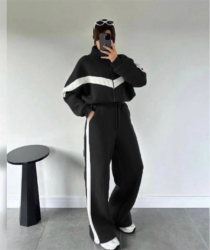Damen nan zweiteiliges Lounge-Set mit Zip-Hoodie und weitem Highwaist-Hose mit Seitenstreifen Echo Archiv