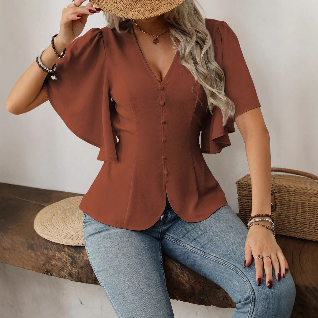 Damen V-Ausschnitt taillierte Bluse mit Schößchen und Volantärmeln – Élovi