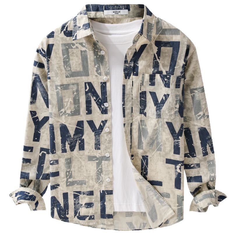 Herren Langarm-Hemdjacke mit großflächigem Typo‑Print aus Baumwollmix Echoarchiv