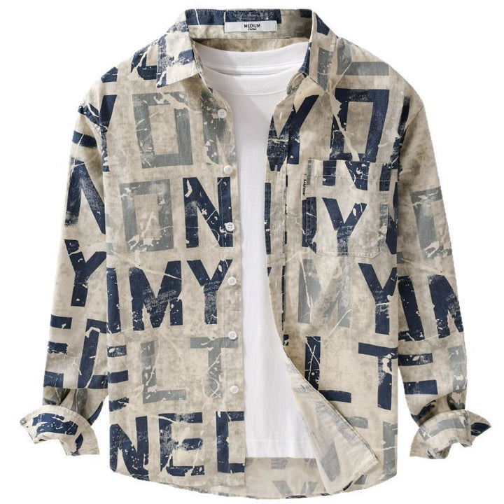 Herren Langarm-Hemdjacke mit großflächigem Typo‑Print aus Baumwollmix Echoarchiv