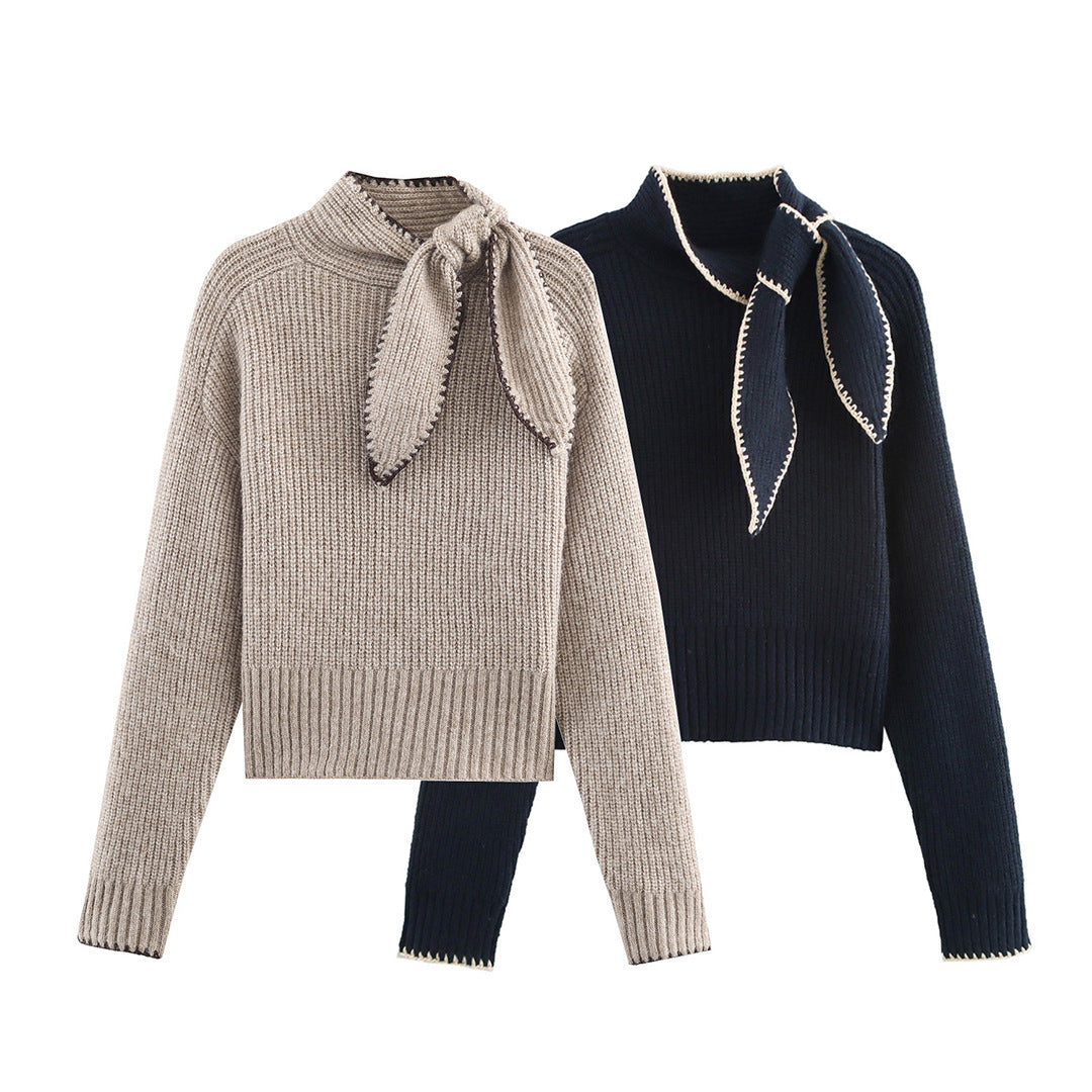 Damen Kurzgeschnittener Rippstrick-Pullover mit Hochkragen und integrierter Knoten-Schal Echoarchiv