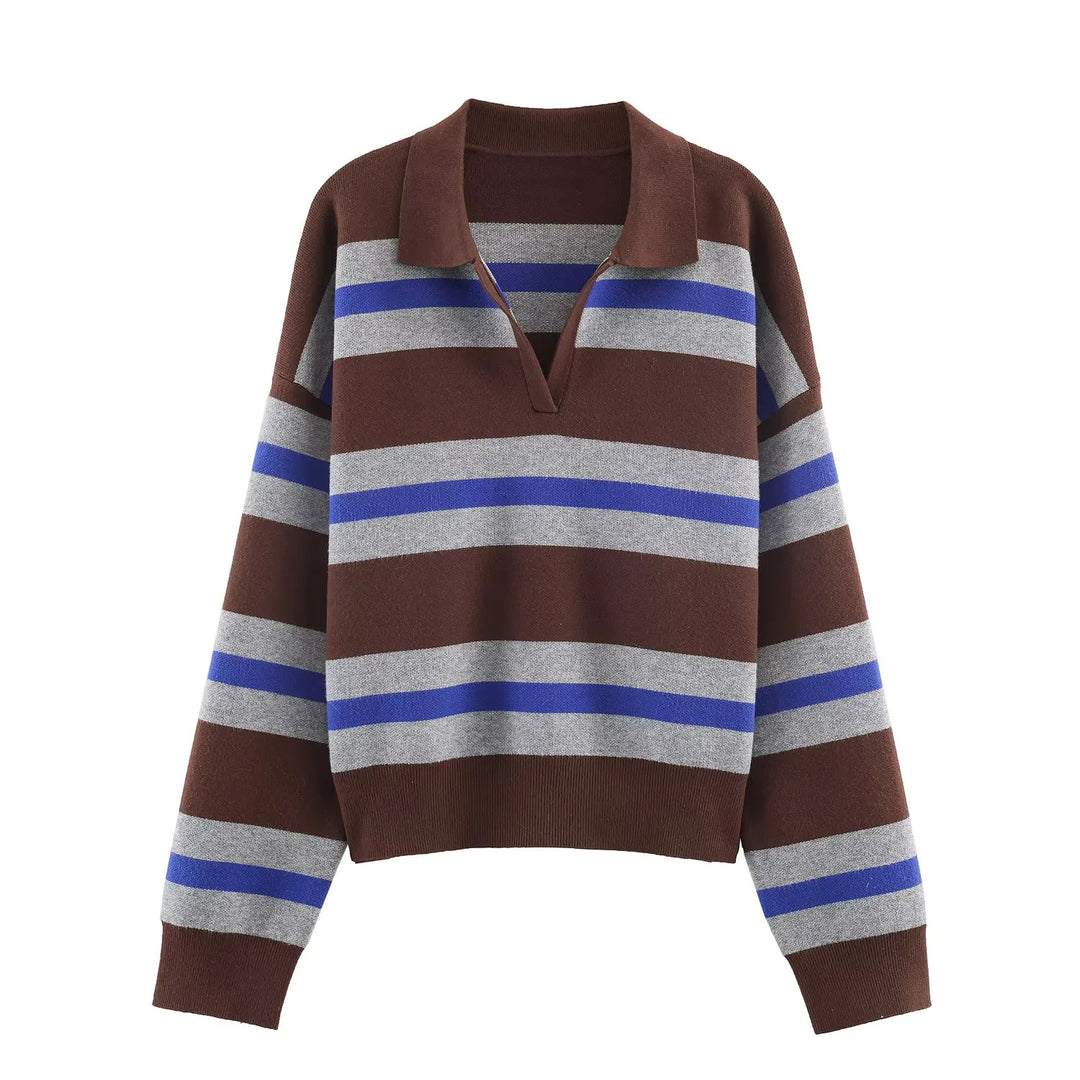 Damen nan oversized Rugby-Pullover mit Polokragen, V-Ausschnitt und breiten Streifen Echo Archiv