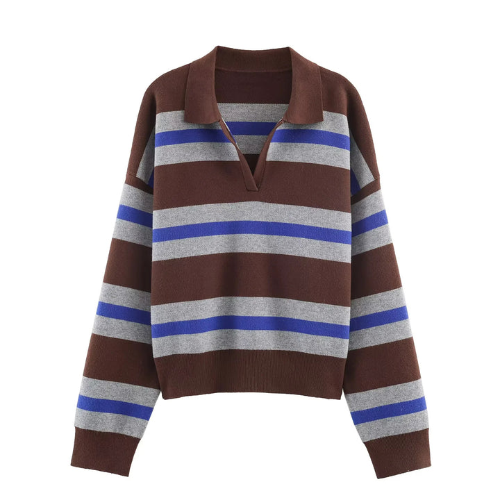 Damen nan oversized Rugby-Pullover mit Polokragen, V-Ausschnitt und breiten Streifen Echo Archiv