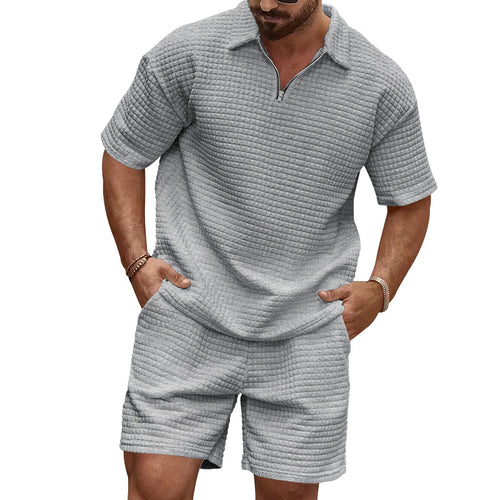 Herren lässiges Kurzarm-Set mit strukturiertem Design und modischem Stehkragen Echoarchiv