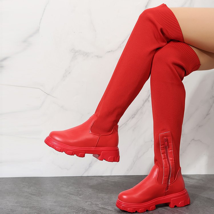 Damen Overknee-Stiefel mit zweifarbiger Plateau-Lugsohle und geripptem Strickschaft – Lioré