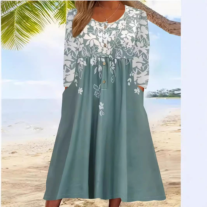 Damen Maxikleid mit V-Ausschnitt, Blumenprint, Knopfleiste und Eingrifftaschen Echoarchiv