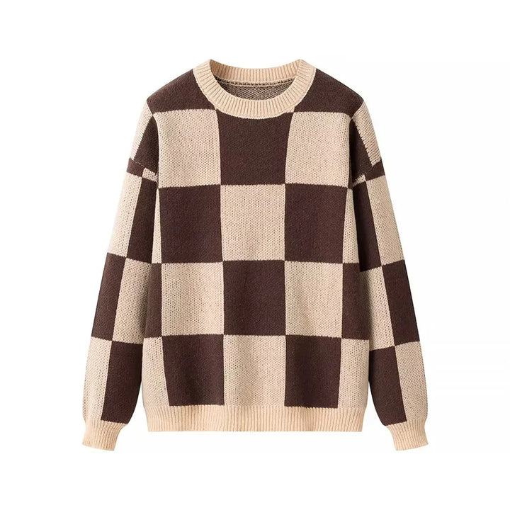 Damen nan oversized Strickpullover mit Schachbrettmuster, geripptem Saum und Rundhalsausschnitt Echo Archiv