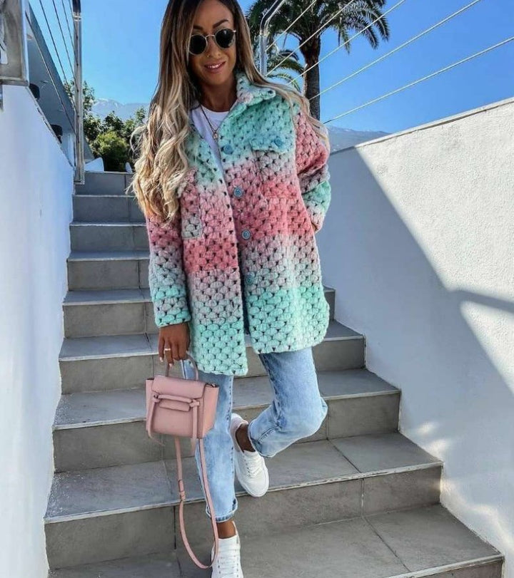Damen Gehäkelte Oversize-Strickjacke mit Farbverlauf, Knopfleiste und aufgesetzten Taschen – Célinea