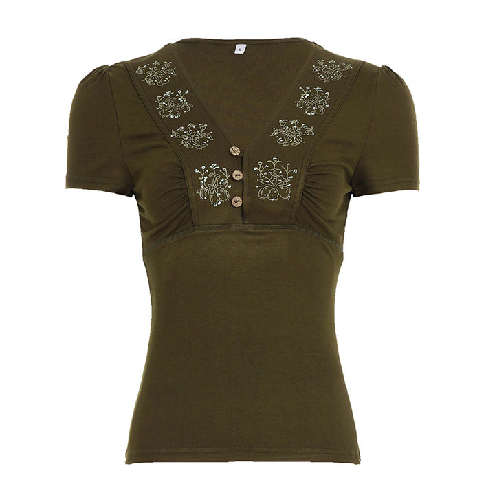 Damen T-Shirt mit floralem Stickmuster und Knopfleiste Echo Archiv