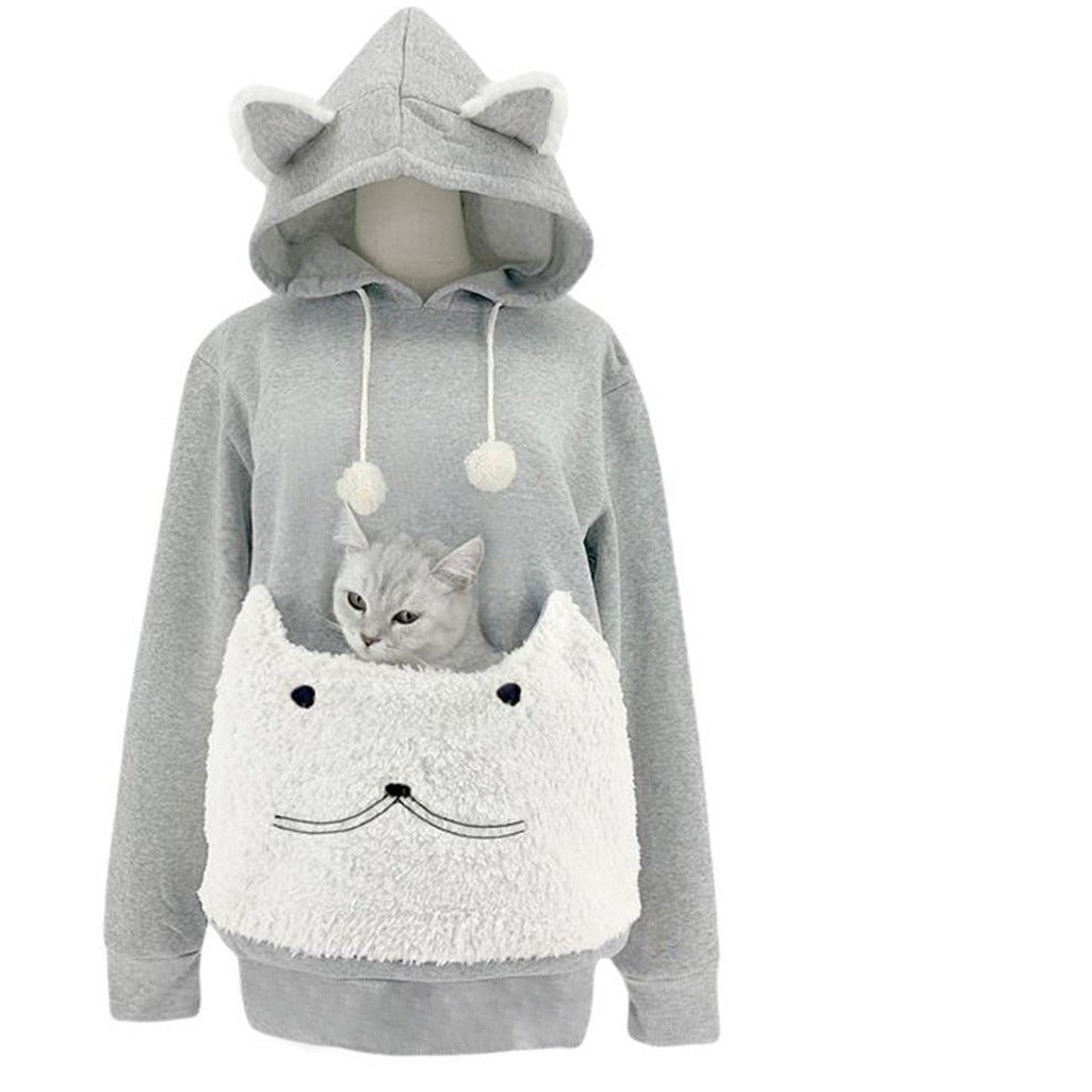 Damen Kuscheliger Kapuzenpullover mit Katzenmotiv und praktischer Känguru-Tasche Echoarchiv