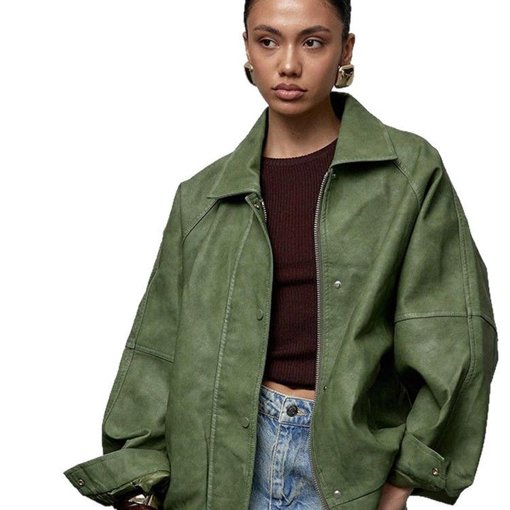Damen Oversize-Lederimitatjacke im Boxy-Cut mit Raglanärmeln und Zweiwege-Reißverschluss Echoarchiv