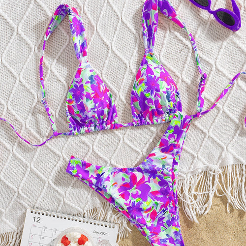 Damen Triangel-Bikini mit buntem Blumendesign und verstellbaren Trägern Echo Archiv