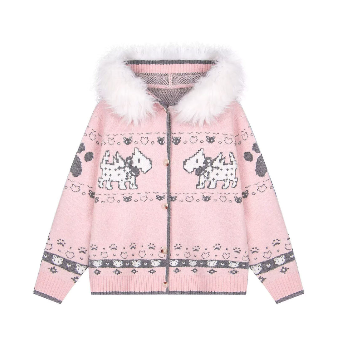 Damen Gemütliche Strickjacke mit Tiermuster und Pelzkragen Echoarchiv