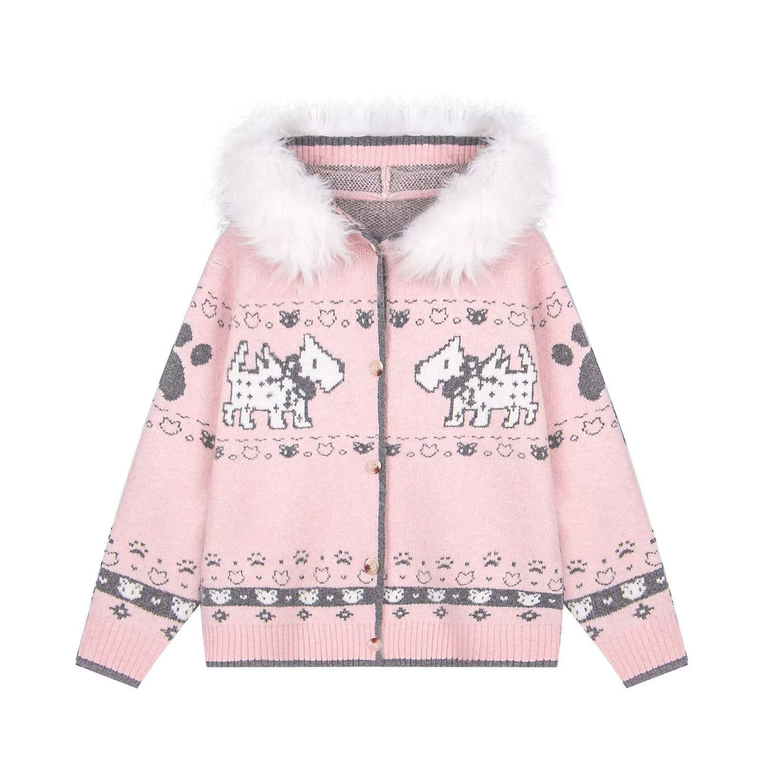 Damen Gemütliche Strickjacke mit Tiermuster und Pelzkragen Echoarchiv