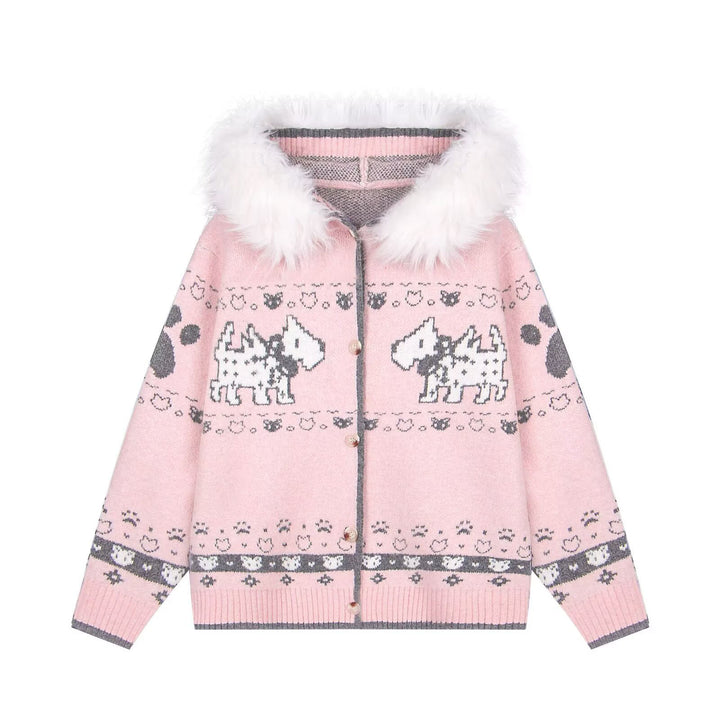 Damen Gemütliche Strickjacke mit Tiermuster und Pelzkragen Echoarchiv
