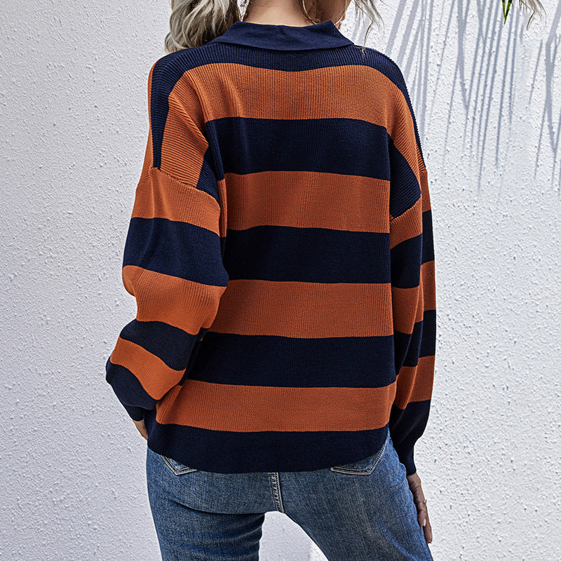 Damen Eleganter Pullover mit Polo-Kragen und Streifen Echo Archiv