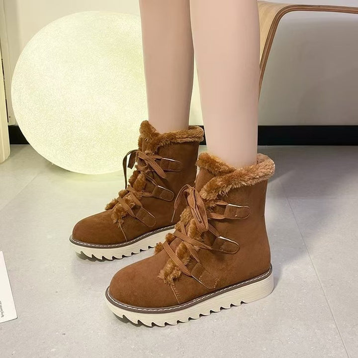 Damen gefütterte Schnürstiefelette mit Kunstfellkragen, elastischen Schlaufendetails und gezahnter Profilsohle – Lioré