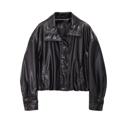 Damen Cropped-Blouson im Bomberstil aus veganer Glattlederoptik mit hohem Stehkragen Echoarchiv