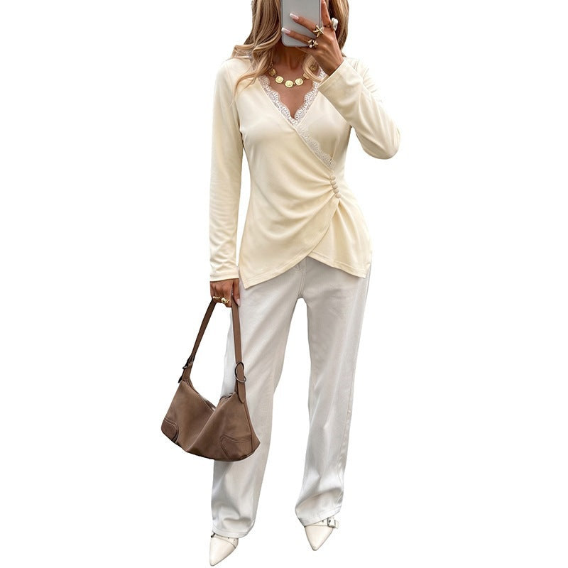 Damen Wickel-Longsleeve mit Spitzenbesatz und seitlicher Raffung Echoarchiv