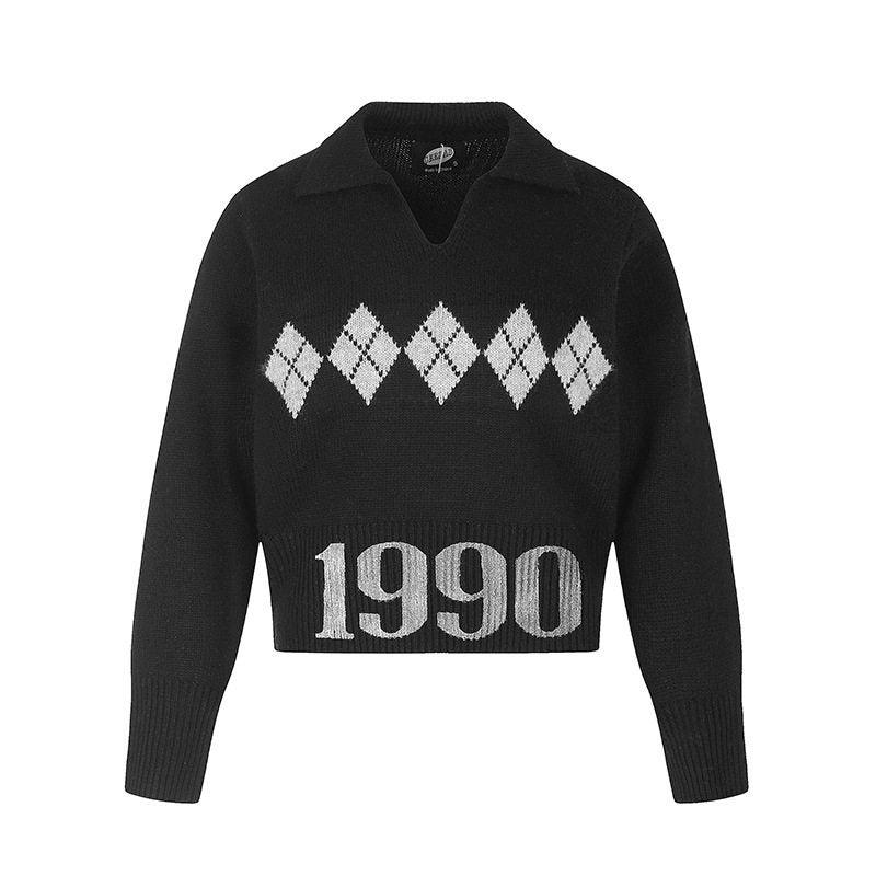 Damen Cropped Strickpullover mit Polokragen, Rippbund und Argyle‑Motiv Echoarchiv