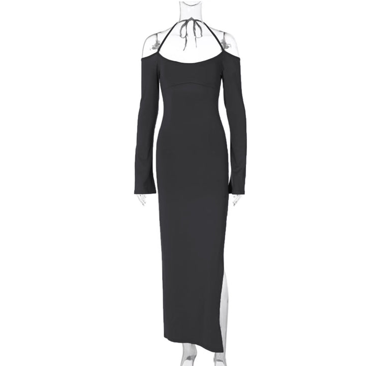 Damen langes Abendkleid mit Neckholder und schulterfreiem Bell-Ärmel, figurbetonter Taillenraffung und hohem seitlichem Beinschlitz – Valéora