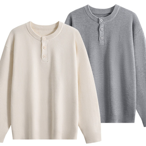 Unisex Oversize Rippstrick-Henley-Pullover mit 3‑Knopf-Leiste Echoarchiv