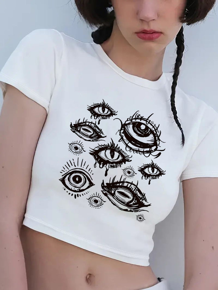 Damen Crop-T-Shirt mit kreativem Motiv und figurbetontem Schnitt Echo Archiv