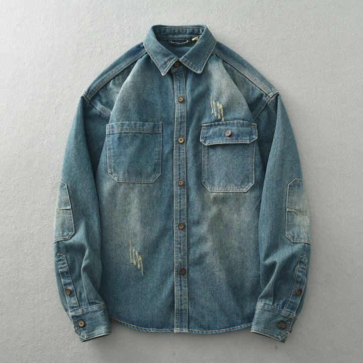 Herren Denim-Hemdjacke im Used-Look mit aufgesetzten Brusttaschen und Knopfleiste Echoarchiv