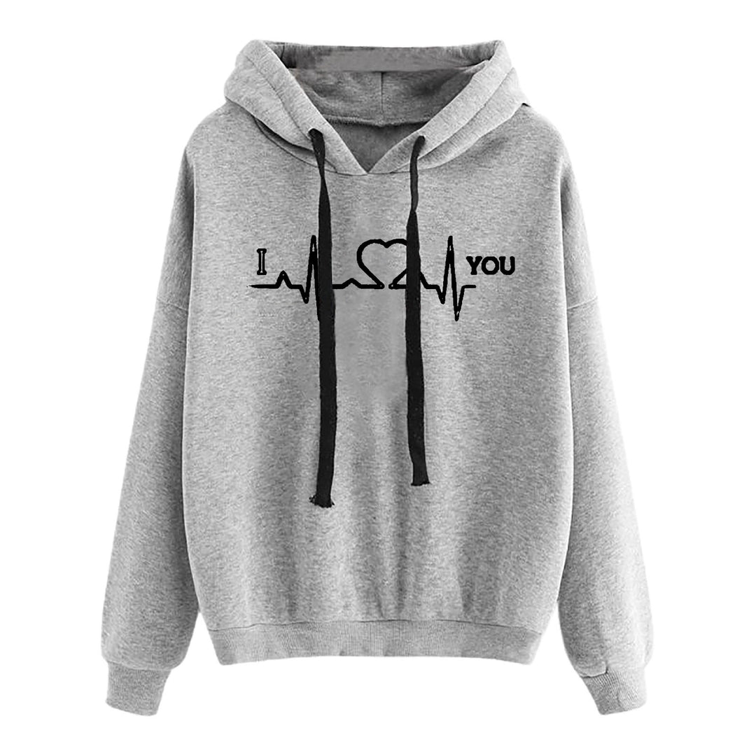 Damen leichter Oversize Kapuzenpullover mit Herz‑EKG‑Motiv, langen Kordeln und elastischem Bund – Auréline